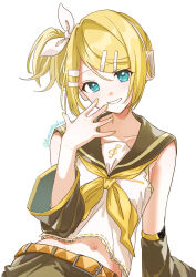 Rule 34 | 1girl, alternate hairstyle, aqua eyes, bare shoulders, belt, belt buckle, blonde hair, bow, brown sailor collar, brown shorts, brown sleeves, buckle, collarbone, crop top, detached sleeves, flat chest, hair bow, hair ornament, hair ribbon, hairclip, hand to own mouth, headphones, headset, highres, kagamine rin, kanzaki akine, looking at viewer, meme, midriff peek, navel, neckerchief, orange belt, ribbon, sailor collar, shirt, short hair, short ponytail, shorts, side ponytail, sidetail miku noodle stopper (meme), sleeveless, sleeveless shirt, smile, solo, swept bangs, treble clef, twitter username, vocaloid, white bow, wide sleeves, yellow nails, yellow neckerchief