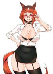 Rule 34 | 1girl, adjusting eyewear, animal ears, black bra, black choker, black garter straps, black thighhighs, bra, breasts, choker, cleavage, collarbone, collared shirt, commentary request, cowboy shot, ear ornament, garter straps, hand on own hip, highres, horse-drawn, horse ears, horse girl, horse tail, large breasts, licking lips, long sleeves, looking at viewer, minew, multicolored hair, partially unbuttoned, red-framed eyewear, red eyes, shirt, short hair, simple background, smile, solo, streaked hair, tail, thighhighs, tongue, tongue out, transcend (umamusume), umamusume, underwear, white background, white hair, white shirt