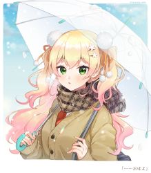 Rule 34 | 1girl, bag, blonde hair, blush, cardigan, commentary request, dakuryuu, green eyes, hair ornament, hair ribbon, hairclip, highres, holding, holding umbrella, hololive, long hair, long sleeves, looking at viewer, momosuzu nene, necktie, open mouth, ribbon, scarf, school bag, school uniform, snow, solo, surprised, transparent, transparent umbrella, two side up, umbrella, upper body, virtual youtuber, winter