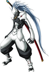 Rule 34 | 1boy, arc system works, blazblue, blazblue: calamity trigger, blue hair, boots, claws, hakumen, horns, huge weapon, long hair, male focus, mask, mori toshimichi, muscular, official art, ootachi, sheath, sheathed, simple background, skin tight, solo, spiked hair, spikes, standing, sword, very long hair, weapon