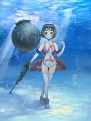 Rule 34 | 10s, 1girl, black hair, brown eyes, bubble, diving mask, elbow gloves, explosive, full body, gloves, goggles, kantai collection, light rays, looking at viewer, mark 10 (naval mine), maru-yu (kancolle), mine (weapon), naval mine, one-piece swimsuit, re (tori), school swimsuit, short hair, smile, solo, standing, swimsuit, thighhighs, underwater, walking, weapon, white school swimsuit, white one-piece swimsuit, white thighhighs