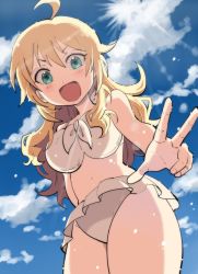 Rule 34 | 1girl, ahoge, ai nige, bikini, blonde hair, blush, breasts, cloud, cloudy sky, cowboy shot, day, frilled bikini, frills, green eyes, highres, hoshii miki, idolmaster, idolmaster (classic), light rays, long hair, looking at viewer, medium breasts, navel, open mouth, outdoors, sky, smile, solo, sunbeam, sunlight, swimsuit, thighs, v, wet