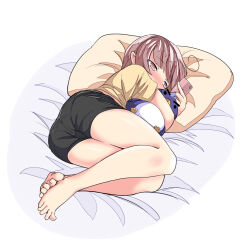 Rule 34 | 1girl, ahoge, barefoot, bbb577, black shorts, blush, brown eyes, brown hair, brown shirt, cameltoe, cellphone, chinese commentary, commentary request, full body, holding, holding phone, lying, on side, original, phone, pillow, shirt, short shorts, shorts, smartphone, solo, stuffed animal, stuffed penguin, stuffed toy