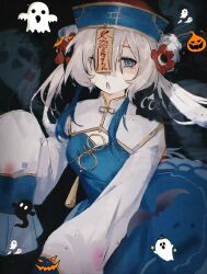 Rule 34 | 1girl, adapted costume, blue dress, blue eyes, blue hair, chinese clothes, double bun, dress, flower, ghost, grey hair, hair bun, hair flower, hair ornament, hair over one eye, halloween costume, hat, highres, isekai joucho, jiangshi costume, kamitsubaki studio, long hair, looking at viewer, multicolored hair, ofuda, open mouth, qingdai guanmao, sketch, sleeves past fingers, sleeves past wrists, solo, twintails, two-tone dress, two-tone hair, upper body, virtual youtuber, white dress, yame ya1113