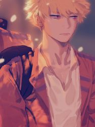 Rule 34 | 1boy, backpack, bag, bakugou katsuki, blonde hair, boku no hero academia, closed mouth, collarbone, commentary request, frown, grey jacket, jacket, looking to the side, male focus, open clothes, open jacket, school uniform, shirt, short hair, solo, spiked hair, u.a. school uniform, upper body, wengwengchim, white shirt