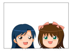 Rule 34 | 00s, :d, a1 (initial-g), amami haruka, blue hair, border, brown hair, disembodied head, green eyes, head, idolmaster, idolmaster (classic), idolmaster 1, kisaragi chihaya, looking at viewer, no humans, open mouth, short hair, simple background, smile, white background, yukkuri shiteitte ne