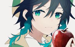 Rule 34 | 1boy, androgynous, apple, bad id, bad twitter id, beret, black hair, blue hair, braid, closed mouth, collared cape, collared shirt, commentary request, food, fruit, genshin impact, gradient hair, green eyes, green hat, hat, holding, holding food, holding fruit, looking at viewer, male focus, multicolored hair, shirt, short hair with long locks, sidelocks, simple background, smile, solo, twin braids, venti (genshin impact), white background, white shirt, yoko (nz g)