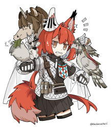 Rule 34 | 1girl, absurdres, animal ears, animal on arm, animalization, arknights, ashlock (arknights), bird, bird on arm, black skirt, black thighhighs, brown eyes, cowboy shot, cropped legs, ear covers, eating, fartooth (arknights), flametail (arknights), flower, gauntlets, highres, material growth, mechanical owl, notice lines, oripathy lesion (arknights), pleated skirt, red hair, shirt, short hair with long locks, simple background, skirt, squirrel, squirrel ears, squirrel girl, squirrel tail, sweatdrop, tail, thighhighs, twitter username, unicorn, white background, white flower, white shirt, wild mane (arknights), zettai ryouiki