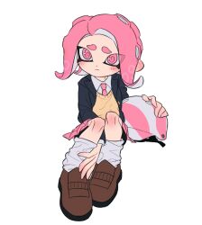 Rule 34 | 1girl, blue footwear, closed mouth, dot nose, full body, helmet, ikki (gsl 9708), invisible chair, leg warmers, medium hair, nintendo, octoling girl, octoling player character, pink eyes, pink hair, pink headwear, shoes, simple background, sitting, solo, splatoon (series), tentacle hair, thick eyebrows, two-tone headwear, white background, white headwear