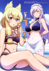 Rule 34 | 2girls, absurdres, apron, azur lane, beach, belfast (azur lane), bikini, blonde hair, breasts, cleavage, headdress, headwear request, highres, holding, holding tray, large breasts, long hair, looking at viewer, magazine scan, maid apron, maid headdress, megami magazine, multi-strapped bikini bottom, multiple girls, navel, official art, outdoors, purple hair, sand, scan, small breasts, smile, swimsuit, thighs, tray, warspite (azur lane)