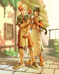Rule 34 | 1boy, 1girl, acolyte (ragnarok online), armored boots, beige capelet, beige dress, beige footwear, black eyes, black hair, blonde hair, boots, brown eyes, brown gloves, brown pants, brown pantyhose, brown shirt, bush, capelet, closed mouth, day, full body, gauntlets, gloves, green capelet, hair between eyes, headwear request, highres, long hair, long sleeves, looking at another, mace, myung-jin lee, official art, outdoors, pants, pantyhose, ponytail, ragnarok online, scabbard, sheath, shirt, short hair, sidelocks, standing, stone walkway, swordsman (ragnarok online), tree, tying, weapon