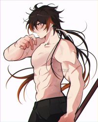 Rule 34 | 1boy, alternate pectoral size, biceps, black hair, brown hair, earrings, from side, genshin impact, highres, jewelry, kingidol, long hair, male focus, multicolored hair, muscular, muscular male, open mouth, pectorals, scar, scar on arm, simple background, single earring, solo, topless male, white background, yellow eyes, zhongli (genshin impact)