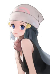 Rule 34 | 1girl, bare arms, beanie, black hair, blue eyes, blush, commentary request, creatures (company), dawn (pokemon), eyelashes, from side, game freak, grey hat, hair ornament, hairclip, hat, jyu gorilla, leaning forward, long hair, looking at viewer, looking to the side, nintendo, open mouth, pokemon, pokemon dppt, scarf, simple background, sleeveless, smile, solo, tongue, upper body, white background
