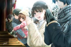 Rule 34 | 5girls, arms up, black coat, black hair, blue coat, blue gloves, blue scarf, box, breath, brown hair, carrying, child, child carry, coat, commentary request, day, donation box, duffel coat, gloves, hatsumoude, holding, holding money, knit gloves, knit hat, looking at viewer, md5 mismatch, money, multiple girls, new year, open mouth, original, outdoors, pink coat, plaid, plaid scarf, praying, resolution mismatch, ribbed sweater, scarf, short hair, shrine, signature, silver hair, smile, soragane (banisinngurei), source larger, sweater, teeth, tree, upper teeth only, white coat, white sweater, winter, yellow eyes
