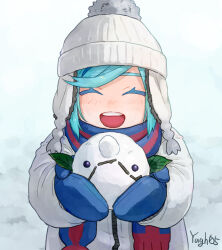 Rule 34 | 1boy, :d, aged down, beanie, blue mittens, blue scarf, blush, closed eyes, commentary request, creatures (company), day, earflap beanie, eyelashes, game freak, green eyes, grusha (pokemon), hat, highres, jacket, male focus, mittens, nintendo, open mouth, outdoors, pokemon, pokemon sv, pom pom (clothes), pom pom beanie, scarf, signature, smile, snow, snowball, teeth, upper teeth only, white hat, yuu (hguy sv)