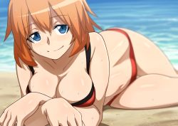 Rule 34 | 1girl, bikini, blue eyes, blurry, breasts, charlotte e. yeager, cleavage, large breasts, long hair, looking at viewer, lying, navel, on side, orange hair, smile, solo, strike witches, swimsuit, thigh gap, wet, world witches series, zimu