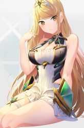 1girl, bangs, bare legs, bare shoulders, blonde hair, blush, breasts, chest jewel, cleavage, cleavage cutout, closed mouth, clothing cutout, dress, gem, hands in hair, headpiece, highres, large breasts, long hair, looking at viewer, mythra (xenoblade), poligon (046), short dress, sitting, sleeveless, sleeveless dress, solo, swept bangs, thigh strap, thighs, tiara, very long hair, white dress, xenoblade chronicles (series), xenoblade chronicles 2, yellow eyes