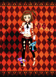 Rule 34 | 10s, 1girl, 96 sawa, :p, argyle, argyle background, argyle clothes, bare shoulders, braid, braided bangs, brown eyes, brown hair, character name, cosplay, earrings, eyeshadow, facial mark, gloves, hairband, high heels, jewelry, kaburagi kaede, kriem, kriem (cosplay), mad bear (tiger &amp; bunny), makeup, navel, necktie, one side up, shoes, side ponytail, single earring, solo, stuffed animal, stuffed toy, teddy bear, tiger &amp; bunny, tongue, tongue out