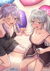 Rule 34 | 2girls, aika himena, babydoll, bed, chemise, dot nose, grey hair, hair between eyes, highres, holding hands, lingerie, long hair, looking at viewer, magia record: mahou shoujo madoka magica gaiden, mahou shoujo madoka magica, multiple girls, one eye closed, open mouth, panties, purple eyes, purple hair, see-through, short hair, smile, sphere stone, tokime shizuka, twintails, underwear, yes-no pillow, yuri