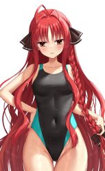 Rule 34 | 1girl, absurdres, ahoge, black one-piece swimsuit, braid, breasts, competition swimsuit, covered navel, cowboy shot, dracu-riot!, highres, long hair, looking at viewer, medium breasts, ncontrail (mgax7527), one-piece swimsuit, red hair, single braid, solo, standing, swimsuit, thigh gap, two-tone swimsuit, very long hair, white background, yarai miu, yellow eyes