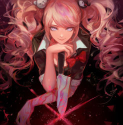 Rule 34 | 1girl, artist name, bear hair ornament, blonde hair, blood, blue eyes, bow, breasts, callarinc, danganronpa: trigger happy havoc, danganronpa (series), enoshima junko, hair ornament, highres, knife, long hair, looking at viewer, nail polish, necktie, pink blood, red bow, red nails, shirt, sleeves rolled up, smile, solo, spoilers, twintails, upper body