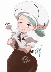 Rule 34 | 1girl, apron, ascot, breasts, brown apron, brown ascot, brown skirt, buttons, chef hat, creatures (company), fork, game freak, gloves, green eyes, green hair, hat, highres, holding, holding fork, katy (pokemon), large breasts, low side ponytail, mole, mole on cheek, nintendo, one eye closed, poke ball, poke ball (basic), pokemon, pokemon sv, puffy short sleeves, puffy sleeves, short sleeves, skirt, solo, spider web print, tongue, tongue out, underbust, upper body, waist apron, wolkat