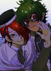 Rule 34 | 2boys, black eyes, black headwear, black jacket, blue hair, blue jacket, cape, closed mouth, collared shirt, facial mark, glasses, green hair, hair over one eye, hand on another&#039;s chin, hand up, hat, highres, jacket, long sleeves, looking at viewer, male focus, master detective archives: rain code, multicolored hair, multiple boys, necktie, oishikunatte shintoujou, red-framed eyewear, red eyes, red hair, round eyewear, shirt, short hair, smile, upper body, white cape, white shirt, yomi hellsmile, zilch alexander
