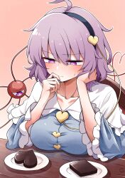 1girl ahoge black_hairband blue_shirt blush breast_rest breasts buttons candy capelet chair chocolate chocolate_heart closed_mouth collarbone commentary_request eyeball food frilled_sleeves frills gradient_background hairband heart heart-shaped_food heart_button highres komeiji_satori long_sleeves on_chair plate purple_eyes purple_hair red_background scavia10 shirt sitting solo sweatdrop textless_version third_eye touhou valentine white_capelet wide_sleeves