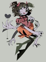Rule 34 | 1girl, arthropod girl, black eyes, black hair, black sclera, bow, bow choker, bug, claws, colored sclera, colored skin, extra arms, extra eyes, fangs, full body, gogeyama, hair bow, heart, highres, insect girl, medium hair, muffet, no pupils, open mouth, puffy short sleeves, puffy sleeves, purple skin, red bow, red shirt, shirt, short sleeves, silk, sitting, smile, solo, spider, spider girl, spider web, twintails, undertale, yellow background