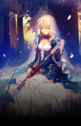 Rule 34 | 1girl, ahoge, artoria pendragon (all), artoria pendragon (fate), blonde hair, blue dress, breasts, caliburn (fate), cleavage, cleavage cutout, clothing cutout, dress, fate/stay night, fate (series), forest, gown, grass, green eyes, highres, holding, holding sword, holding weapon, juliet sleeves, long sleeves, looking down, nature, official art, outdoors, petals, puffy sleeves, saber (fate), scabbard, sheath, sheathed, sitting, sleeves past wrists, small breasts, smile, solo, sword, takeuchi takashi, tree, turtleneck, veil, weapon, yokozuwari