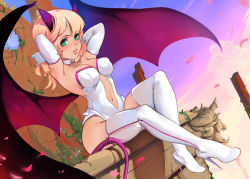 Rule 34 | 1girl, armpits, arms behind head, bare shoulders, bat wings, blonde hair, boots, breasts, center opening, cloud, collar, demon girl, demon horns, demon tail, demon wings, dutch angle, elbow gloves, evening, gloves, green eyes, tucking hair, high heel boots, high heels, horns, leotard, long hair, looking at viewer, medium breasts, original, outdoors, parted lips, petals, plant, sitting, snortzog, solo, strapless, strapless leotard, tail, thigh boots, thighhighs, vines, white collar, white footwear, white gloves, white leotard, wings