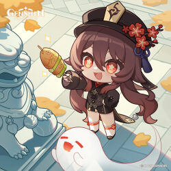 1girl absurdres black_footwear black_hat black_nails black_shirt black_shorts boo_tao_(genshin_impact) brown_hair chibi commentary copyright_name english_commentary fish_(food) flower food full_body genshin_impact ghost grilled_tiger_fish_(genshin_impact) hair_between_eyes hat hat_flower highres holding holding_skewer hu_tao_(genshin_impact) jewelry long_hair long_sleeves low_twintails nail_polish official_art open_mouth red_eyes red_flower ring shirt short_shorts shorts skewer socks spring_onion standing symbol-shaped_pupils tassel twintails v-shaped_eyebrows white_socks