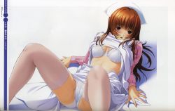 Rule 34 | 1girl, :o, ai no chikara, blush, bra, breasts, brown hair, cameltoe, cleavage, clothes lift, embarrassed, hat, lace, lace bra, lace panties, lingerie, long hair, looking at viewer, lying, midriff, nurse, nurse cap, official art, open clothes, open shirt, panties, pantyshot, reclining, red eyes, scan, shadow, shiera, shirt, shirt lift, simple background, skirt, skirt lift, solo, spread legs, surprised, takanashi karen, thighhighs, underwear, white bra, white panties, white thighhighs