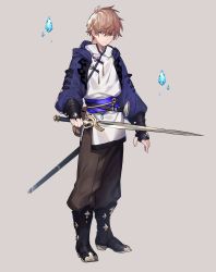 Rule 34 | 1boy, beige background, belt, blue eyes, brown hair, closed mouth, floating, hair between eyes, highres, holding, holding sword, holding weapon, ice, konbumeshi, male focus, original, pouch, scabbard, sheath, simple background, standing, sword, weapon