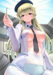 Rule 34 | 1girl, absurdres, anzio school uniform, bad id, bad pixiv id, beret, between breasts, blonde hair, blush, breasts, carpaccio (girls und panzer), earbuds, earphones, girls und panzer, green eyes, hat, highres, large breasts, long hair, looking at viewer, necktie, necktie between breasts, nipple slip, nipples, no bra, open clothes, open shirt, panties, panties under pantyhose, pantyhose, see-through, see-through legwear, see-through shirt, solo, underwear, yamikota