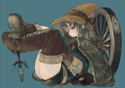 Rule 34 | 1girl, blue background, blue bow, book, boots, bow, brown footwear, brown gloves, cape, closed mouth, commentary request, crossed legs, ebimomo, from side, gloves, hat, hat bow, holding, holding book, horns, long sleeves, looking down, mole, mole under eye, neckerchief, oni, oni horns, original, planted, purple eyes, reading, red neckerchief, simple background, sitting, solo, thigh boots, thighhighs, weapon, wheel