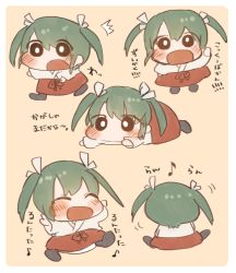Rule 34 | 10s, 1girl, ^^^, black legwear, blush, chibi, female focus, flat color, green hair, hair ribbon, ina (1813576), japanese clothes, kantai collection, long hair, multiple views, musical note, partially translated, quaver, ribbon, simple background, smile, translation request, twintails, white ribbon, aged down, zuikaku (kancolle)