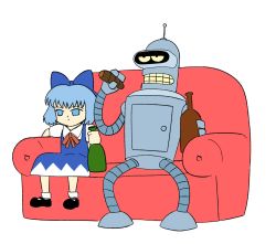 Rule 34 | 1girl, beer bottle, bender bending rodriguez, cigarette, cirno, couch, crossover, futurama, highres, robot, sitting, tagme, touhou