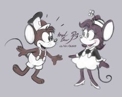 Rule 34 | 1920s (style), 1boy, 1girl, absurdres, angelbee623, animal ears, artist name, barefoot, blush, commentary, dated, disney, dress, english commentary, greyscale, highres, mickey mouse, minnie mouse, monochrome, mouse boy, mouse nose, open mouth, simple background, smile, steamboat willie, toes, toon (style), walt disney (style), white dress, white headwear
