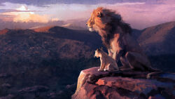 Rule 34 | animal focus, blue sky, brush stroke, cliff, cloud, cloudy sky, concept art, father and son, from side, full body, highres, joe studzinski, lion, lion cub, lion tail, looking ahead, mane, mountainous horizon, mufasa, no humans, official art, profile, savannah, simba, sky, sunlight, sunset, tail, the lion king, tree, whiskers