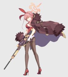 Rule 34 | 1girl, alternate costume, animal ears, aru (blue archive), belt, blue archive, breasts, coat, coat on shoulders, demon horns, fake animal ears, fake tail, fur-trimmed coat, fur-trimmed jacket, fur coat, fur collar, fur trim, gloves, grey background, gun, halo, high heels, highres, holding, holding gun, holding weapon, horns, jacket, large breasts, leotard, long coat, long hair, looking at viewer, open clothes, open coat, pantyhose, pink hair, playboy bunny, pumps, rabbit ears, rabbit tail, red footwear, rifle, sando (dukedevil), shaded face, shoes, sideboob, smile, solo, stiletto heels, strapless, strapless leotard, tail, weapon, yellow eyes