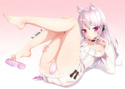 Rule 34 | 1girl, animal ears, barefoot, black bow, black neckwear, blush, bow, breasts, cameltoe, cat ears, closed mouth, collarbone, dorsiflexion, elsword, eve (elsword), facepaint, feet, forehead jewel, full body, gradient background, hair between eyes, hanging, legs up, long hair, looking at viewer, lying, off-shoulder, off-shoulder sweater, off shoulder, on back, panties, pantyshot, pink eyes, pink footwear, pink hair, pink panties, plantar flexion, ribbed sweater, ripe.c, shoe dangle, shoes, unworn shoes, side slit, sidelocks, silver hair, single shoe, small breasts, smile, solo, sweater, thighs, toes, trefoil, tsurime, underwear, very long hair, wavy hair, white sweater