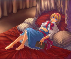 Rule 34 | 1girl, alice margatroid, barefoot, bed, blonde hair, blue eyes, book, feet, female focus, frilled pillow, frills, hairband, hakui ami, holding, lips, looking at viewer, lying, md5 mismatch, on back, pillow, short hair, solo, touhou