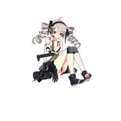 Rule 34 | 1girl, blush, drill hair, folding gun, full body, girls&#039; frontline, gloves, gun, gyaku tsubasa, hair ornament, hairclip, headphones, jacket, knee pads, looking at viewer, machine gun, navel, official art, open clothes, open shirt, pout, pp-90, pp-90 (girls&#039; frontline), red eyes, shirt, shorts, silver hair, solo, submachine gun, torn clothes, transforming weapon, transparent background, twintails, weapon