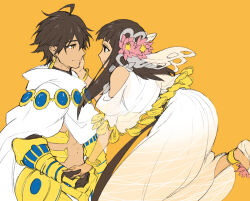 Rule 34 | 1boy, 1girl, black gloves, brown eyes, brown hair, closed mouth, dark-skinned female, dark-skinned male, dark skin, dress, earrings, fate/prototype, fate/prototype: fragments of blue and silver, fate (series), floating, flower, gloves, gold trim, hair flower, hair ornament, hand on another&#039;s face, holding hands, isshoku (shiki), jewelry, light smile, medium hair, nefertari (fate), ozymandias (fate), pink flower, rerebrace, scarf, short hair, simple background, smile, white dress, white scarf, yellow background, yellow eyes