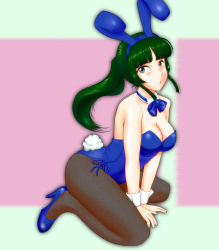 Rule 34 | 1girl, animal ears, black eyes, bow, bowtie, breasts, cleavage, detached collar, fake animal ears, felniam, green hair, kneeling, large breasts, long hair, original, pantyhose, playboy bunny, ponytail, rabbit ears, rabbit tail, solo, tail, wrist cuffs