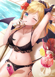 Rule 34 | aqua eyes, armpits, bikini, black bikini, blonde hair, blush, bottle, breasts, chair, cherry, cleavage, cocktail, cocktail glass, cup, demon girl, demon horns, demon tail, demon wings, drink, drinking glass, finger to mouth, flower, food, frilled bikini, frills, fruit, hair flower, hair ornament, halterneck, heart, heart necklace, heart tail, highres, hololive, horns, jewelry, kebaboishii, lace, lace-trimmed bikini, lace trim, lemon, lotion, lounge chair, nail polish, navel, necklace, one eye closed, ponytail, pool, poolside, scrunchie, side-tie bikini bottom, solo, sunscreen, swimsuit, tail, virtual youtuber, wings, yuzuki choco, yuzuki choco (hololive summer 2019)