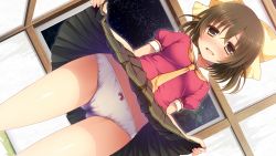 Rule 34 | 1girl, aisare roommate, blush, breasts, brown eyes, brown hair, clothes lift, fumii, game cg, legs, looking at viewer, nohara karen, open mouth, panties, school uniform, short hair, skirt, skirt lift, small breasts, smile, solo, standing, thighs, underwear, upskirt, yu-ta