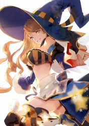 Rule 34 | 1girl, bare shoulders, beatrix (granblue fantasy), breasts, brown hair, detached sleeves, frills, gloves, granblue fantasy, green eyes, grin, hat, large hat, long hair, looking at viewer, midriff, nido celisius, simple background, skirt, smile, solo, striped clothes, striped thighhighs, thighhighs, white background, witch hat