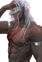 Rule 34 | 1boy, abs, ares, ares (hades), armlet, blood, blood on face, closed mouth, commentary, dark skin, english commentary, from side, hades (series), hades 1, hand in own hair, hand on own head, highres, long hair, male focus, muscular, muscular male, nipples, nose, o3tofu, red eyes, signature, simple background, solo, white background, white hair